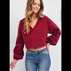 Long Puff Sleeve Fuzzy Pullover Crop Top